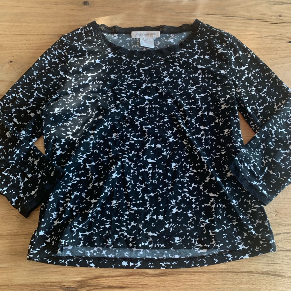 Jones New York3/4โ Sleeve Lace Print Black White Womenโs Medium Preloved